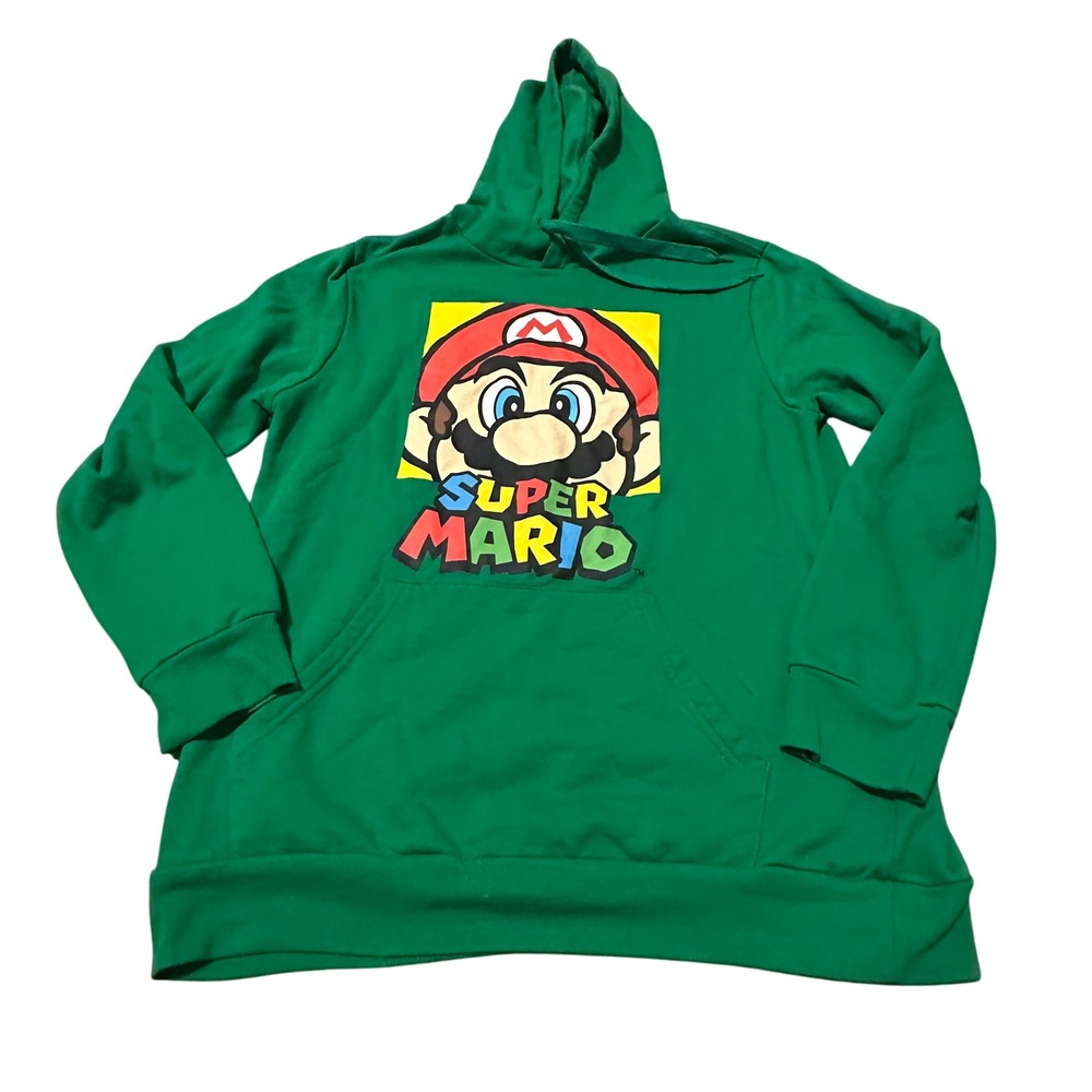 Super Mario Hoodie Green Graphic Print Pullover Long Sleeve Sweatshirt Size L